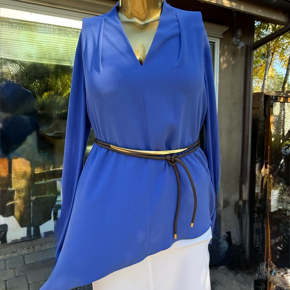 Escada Cobalt Blue Draped V-Neck Long Sleeve Top